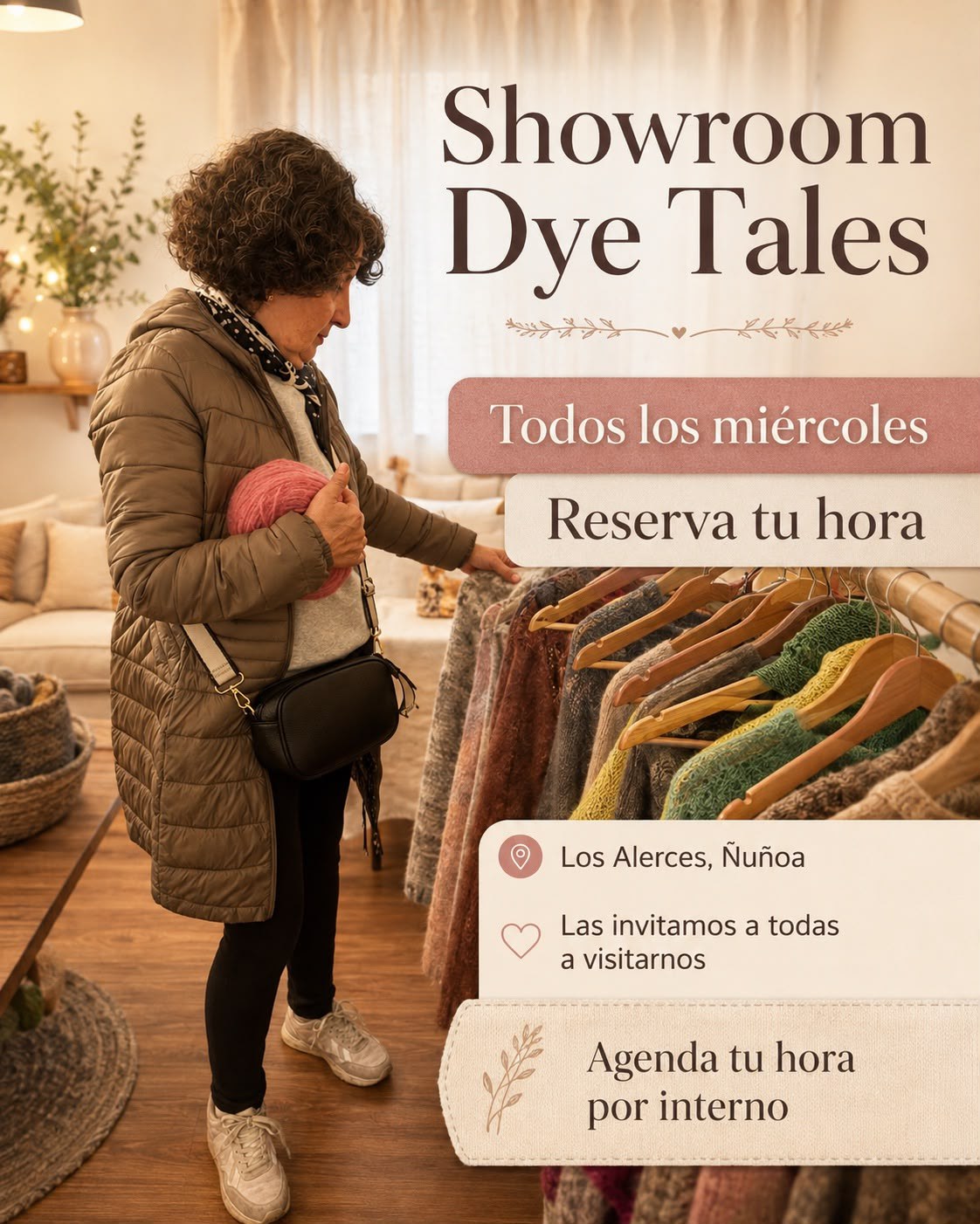 Clienta mirando lanas y prendas tejidas en el showroom de Dye Tales